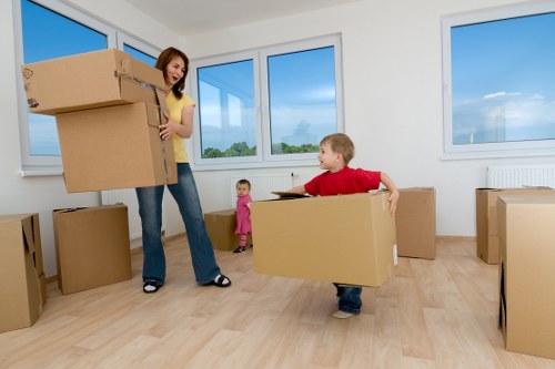 Packed boxes and wrapping materials for a house move in Romford